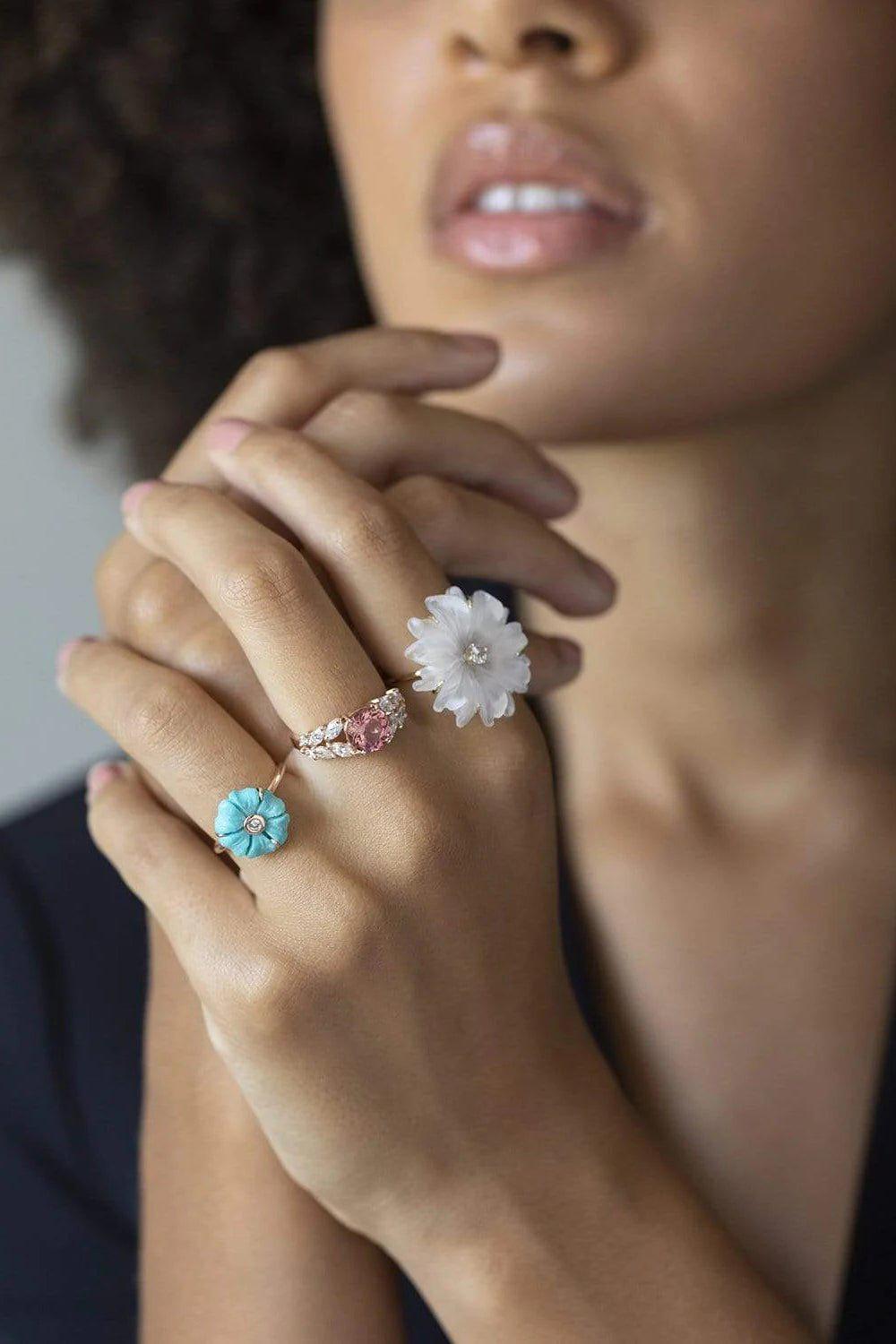 JACQUIE AICHE-Pink Tourmaline & Marquis Flower Diamond Ring-ROSE GOLD