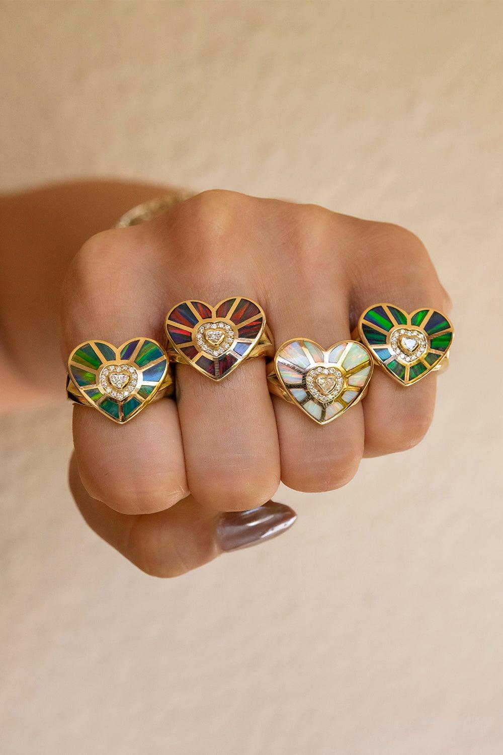 JACQUIE AICHE-Opal Diamond Heart Vortex Ring-YELLOW GOLD