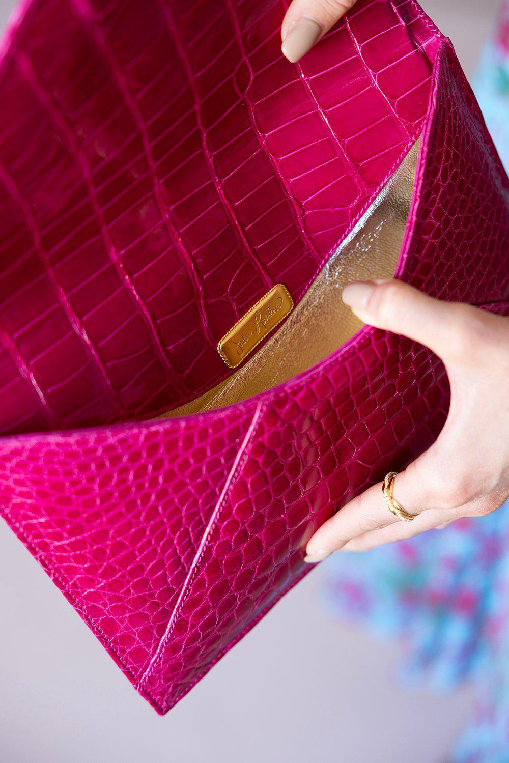 JADA LOVELESS-Bright Pink Alligator Envelope Clutch-PINK