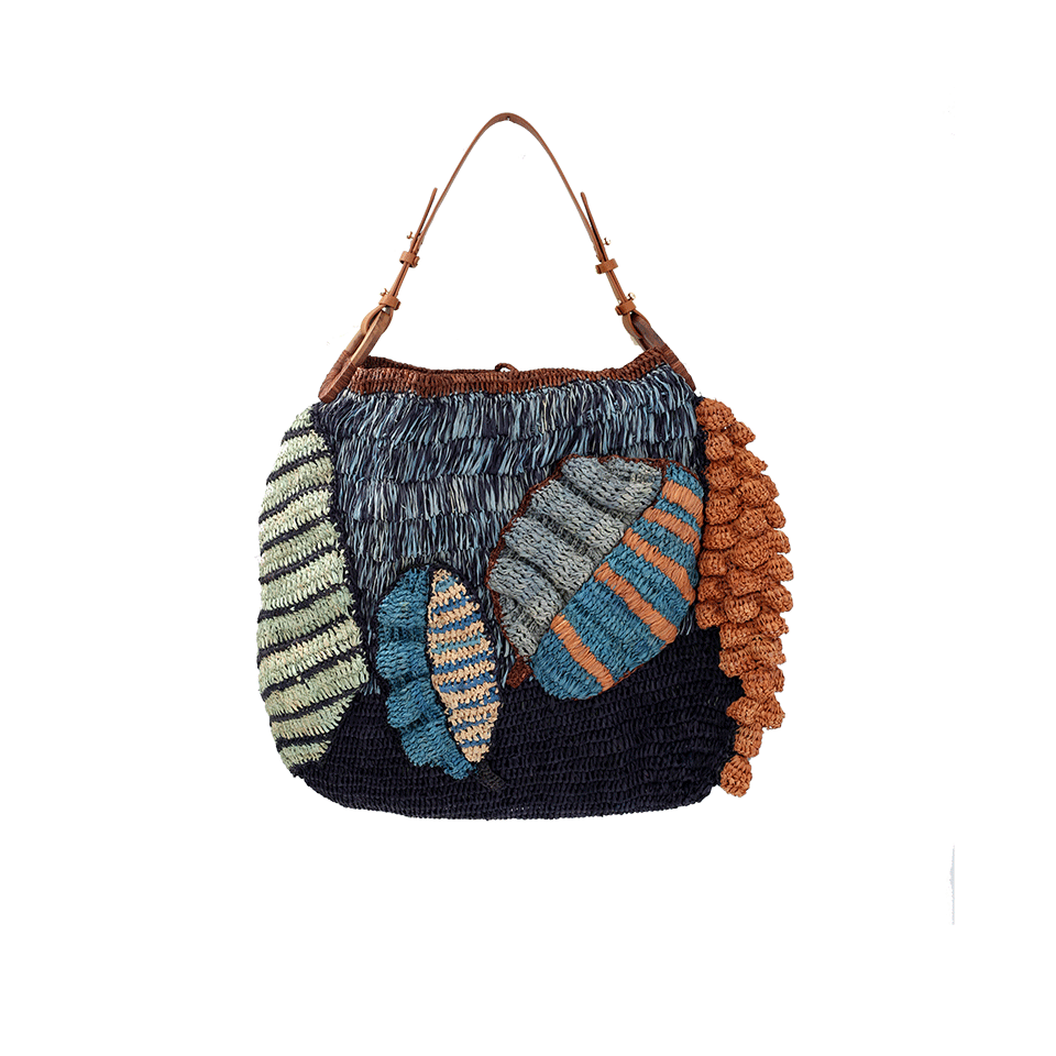 JAMIN PUECH-Papaver Leaf Print Raffia Bag-BLUE