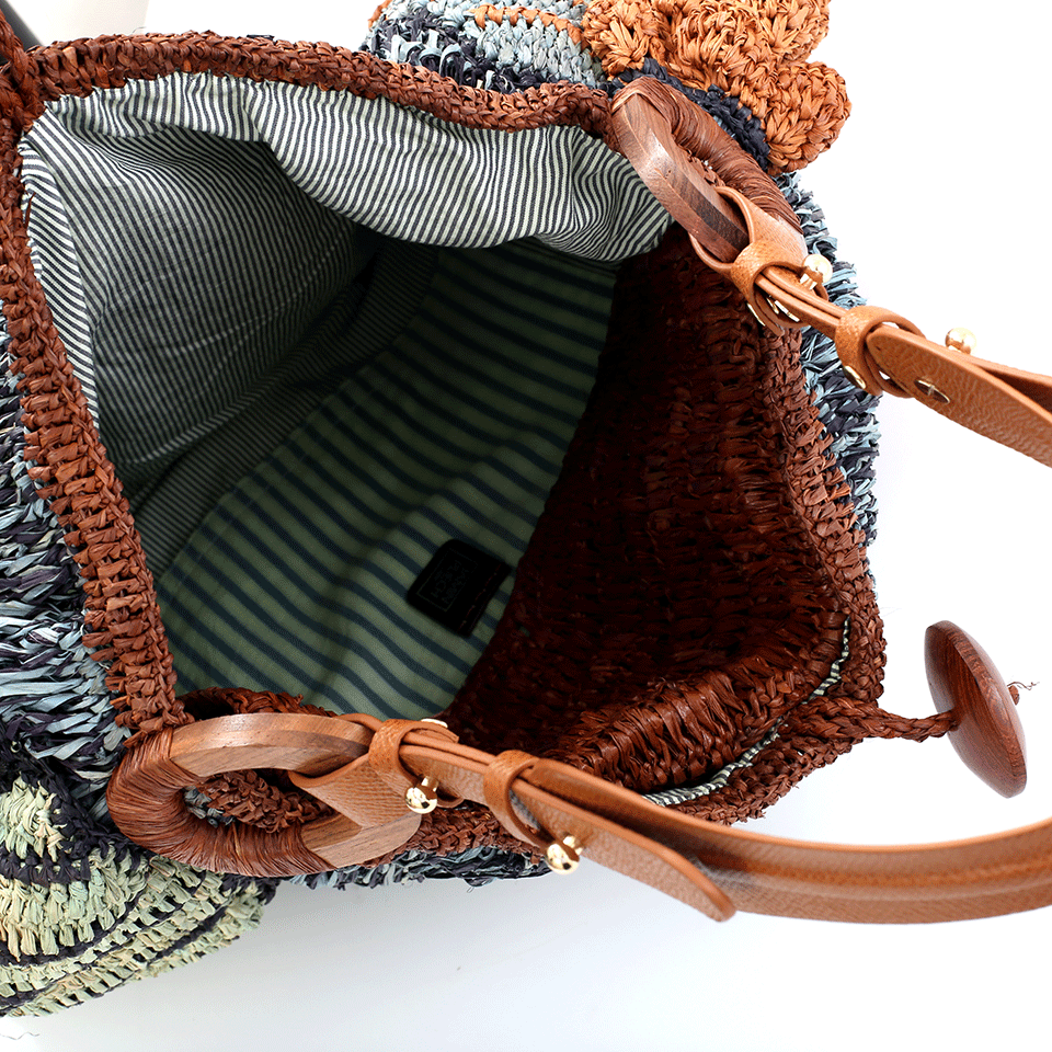 JAMIN PUECH-Papaver Leaf Print Raffia Bag-BLUE
