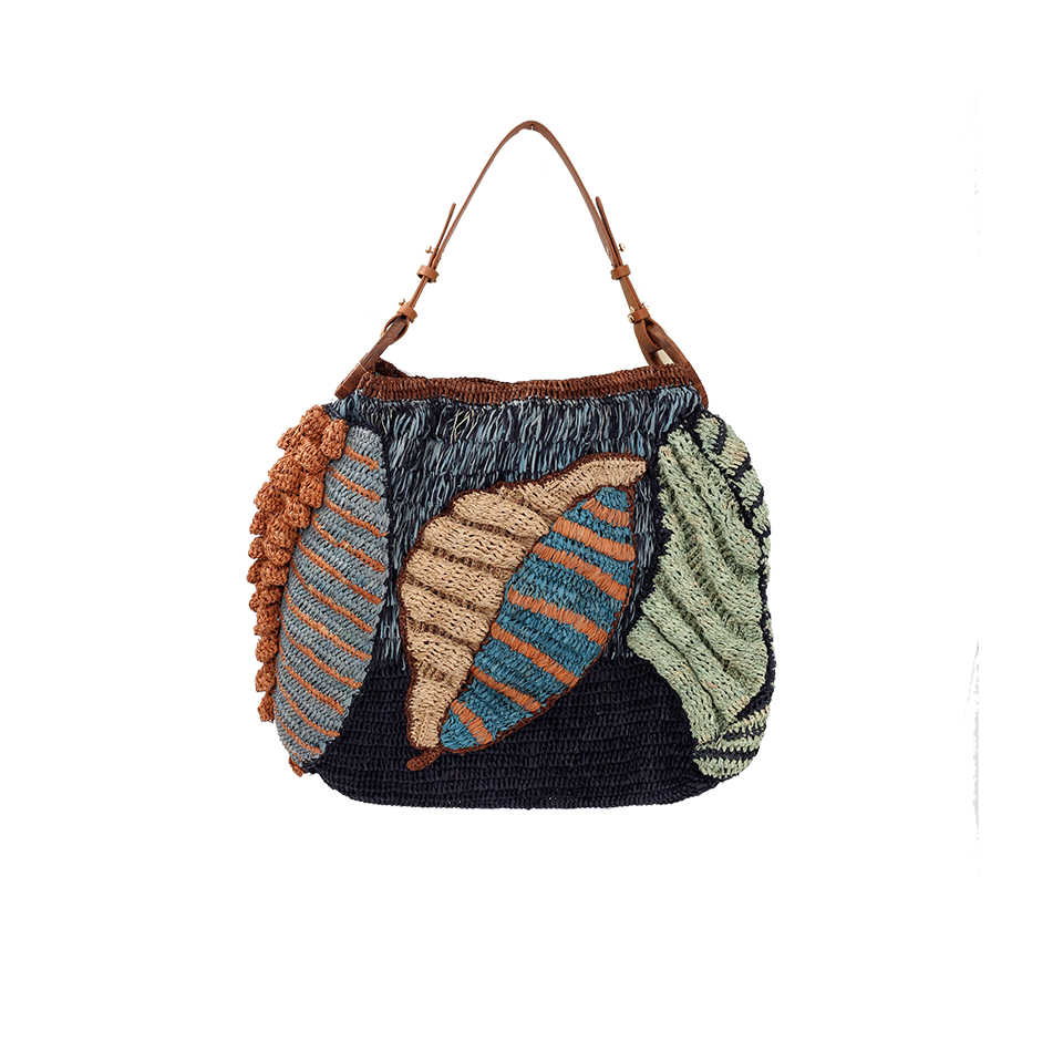 JAMIN PUECH-Papaver Leaf Print Raffia Bag-BLUE