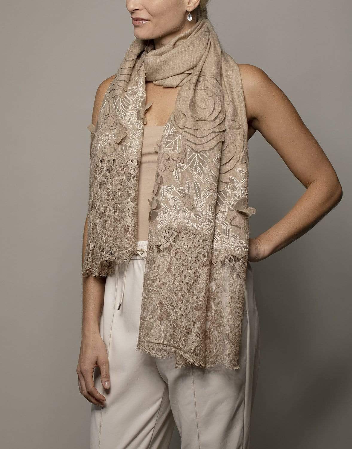 JANAVI INDIA-Cutout Rose Lace Border Shawl-LT NATUR