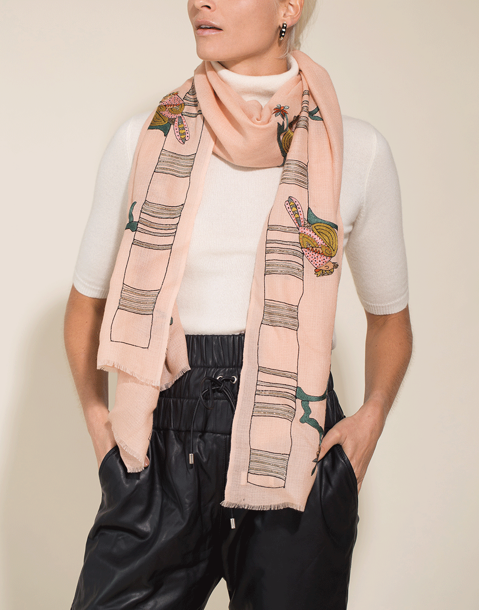 JANAVI INDIA-Embroidered Bird Scarf-PEACH