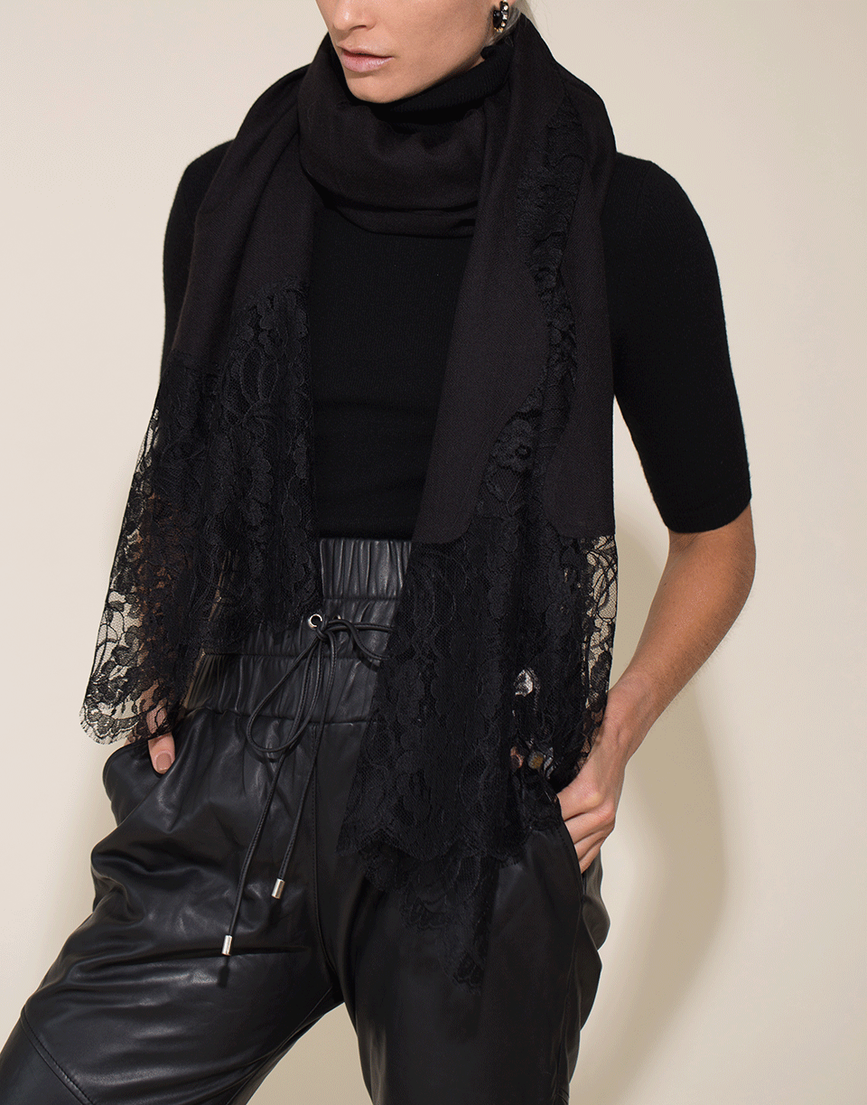 JANAVI INDIA-Black Chantilly Center Panel Shawl-BLACK