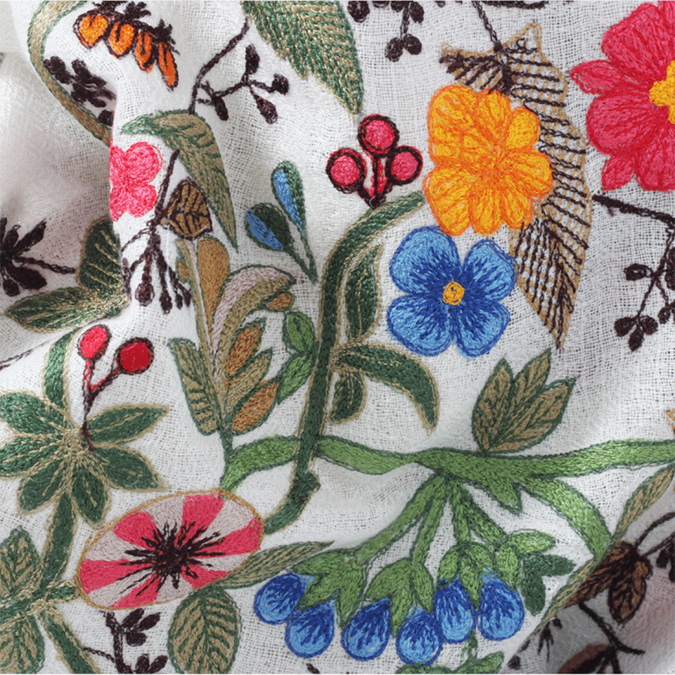 JANAVI INDIA-Floral Border Scarf-IVORY