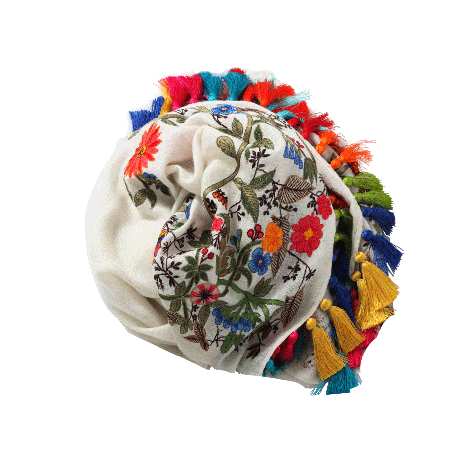 JANAVI INDIA-Floral Border Scarf-IVORY