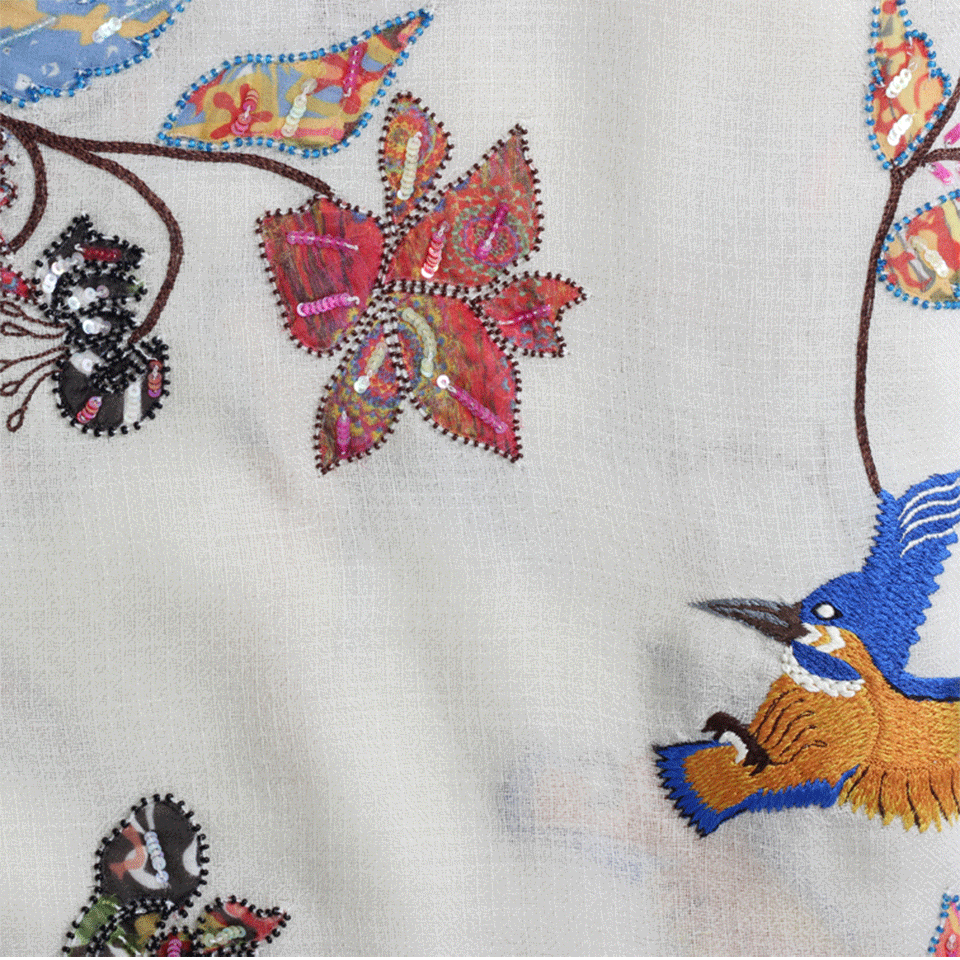 JANAVI INDIA-Kingfisher Bird Scarf-IVORY