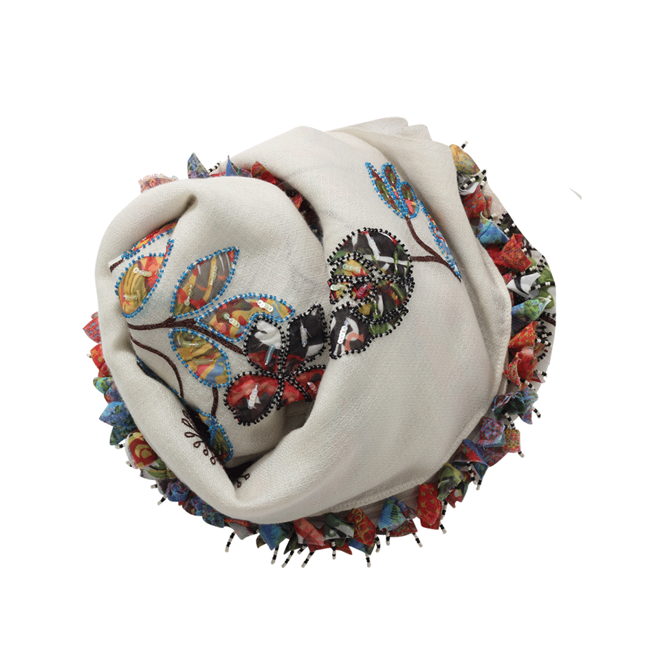 JANAVI INDIA-Kingfisher Bird Scarf-IVORY