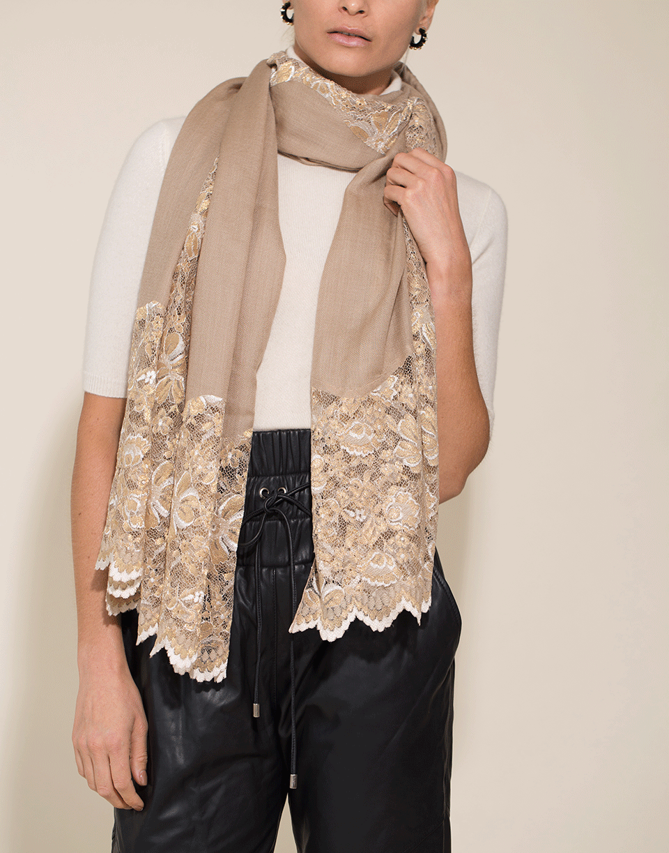 JANAVI INDIA-Natural Chantilly Center Panel Shawl-NATURAL