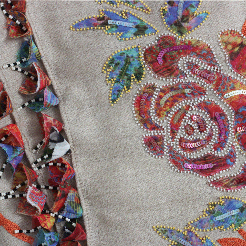 JANAVI INDIA-Flower Patch Scarf-NATURAL