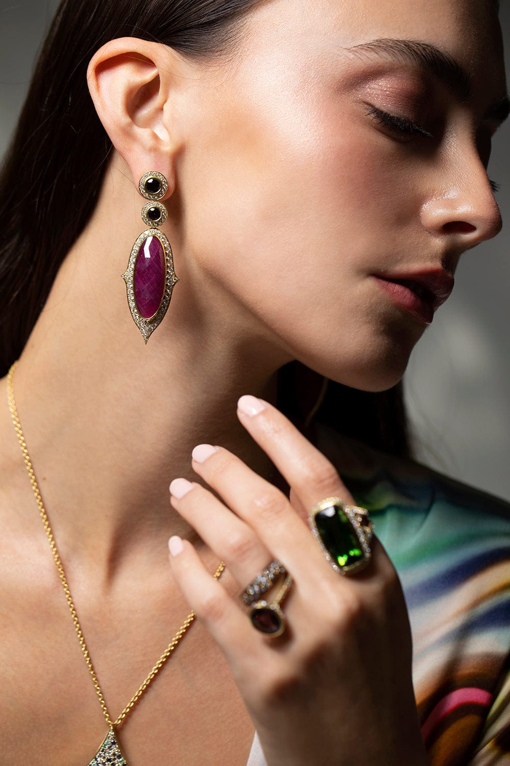 JARED LEHR-Ruby and Spinel Drop Earrings-YELLOW GOLD