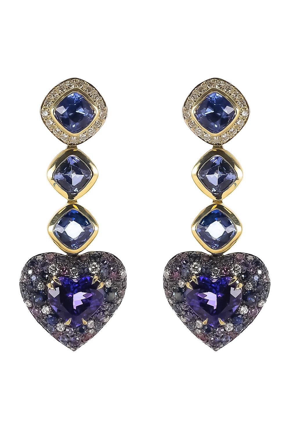 Sapphire Tanzanite Diamond Heart Drop Earrings-YELLOW GOLD-JEWELRYFINE JEWELEARRING-JARED LEHR