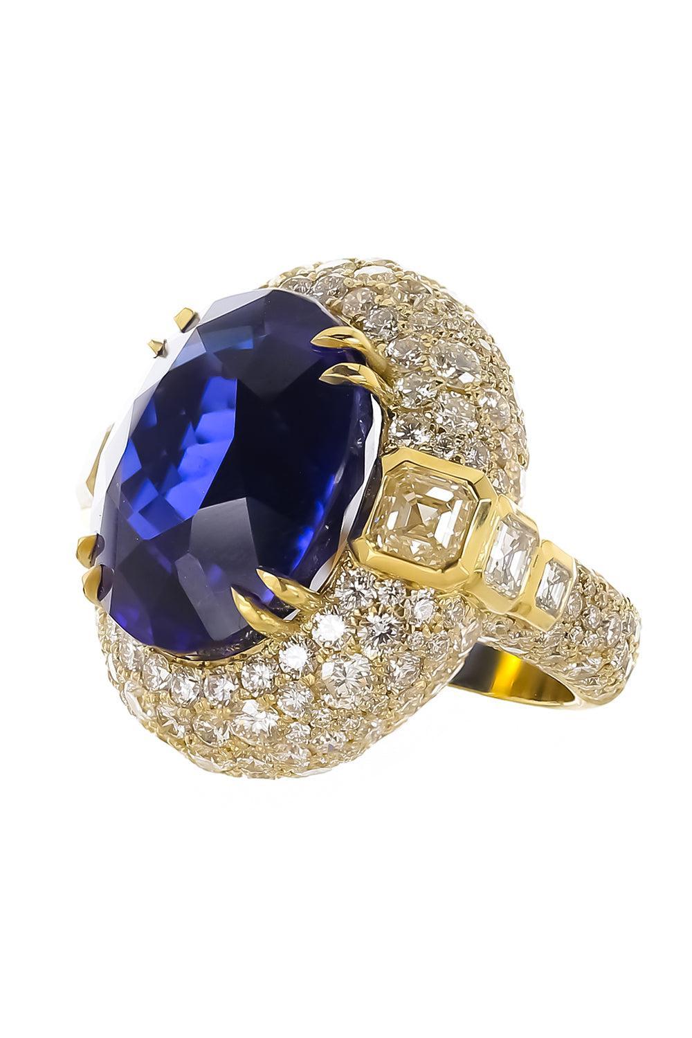 Tanzanite Diamond Halo Ring-YELLOW GOLD-7.25-JEWELRYFINE JEWELRING-JARED LEHR