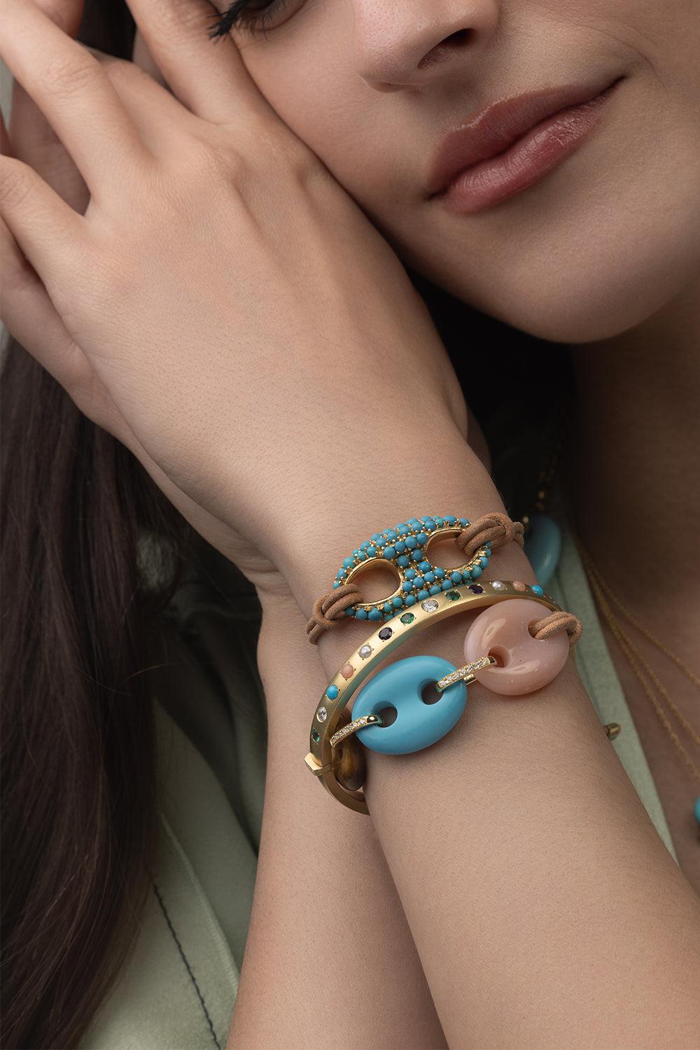 3 Stone Mariner Bracelet on Leather-YELLOW GOLD-JEWELRYFINE JEWELBRACELET O-JENNA BLAKE