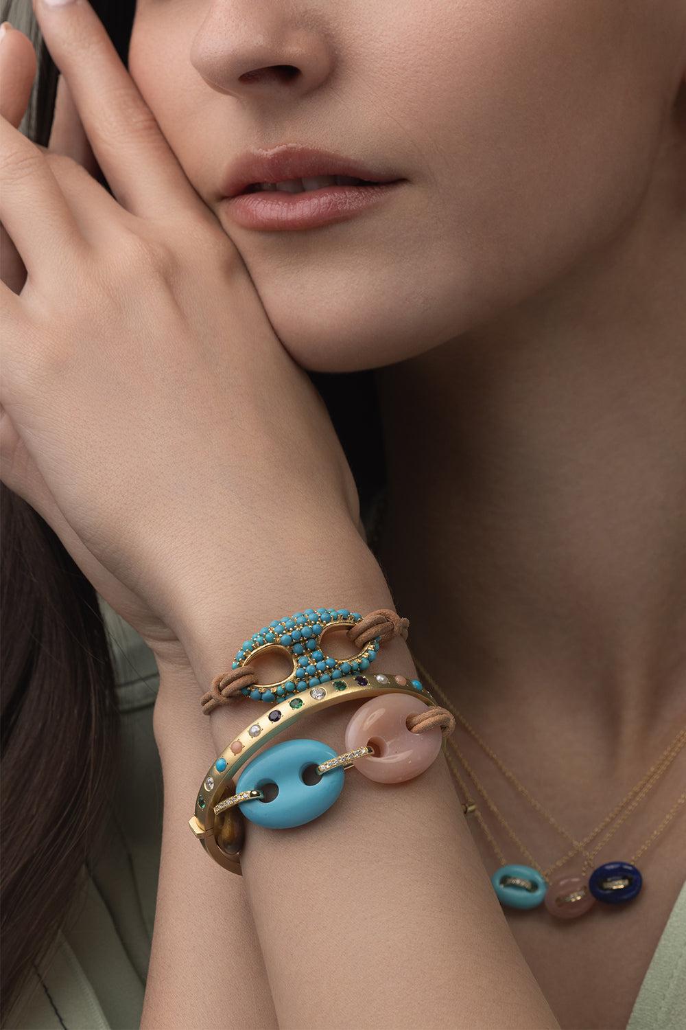 Small Pave Turquoise Nautical Link Bracelet-YELLOW GOLD-JEWELRYFINE JEWELBRACELET O-JENNA BLAKE
