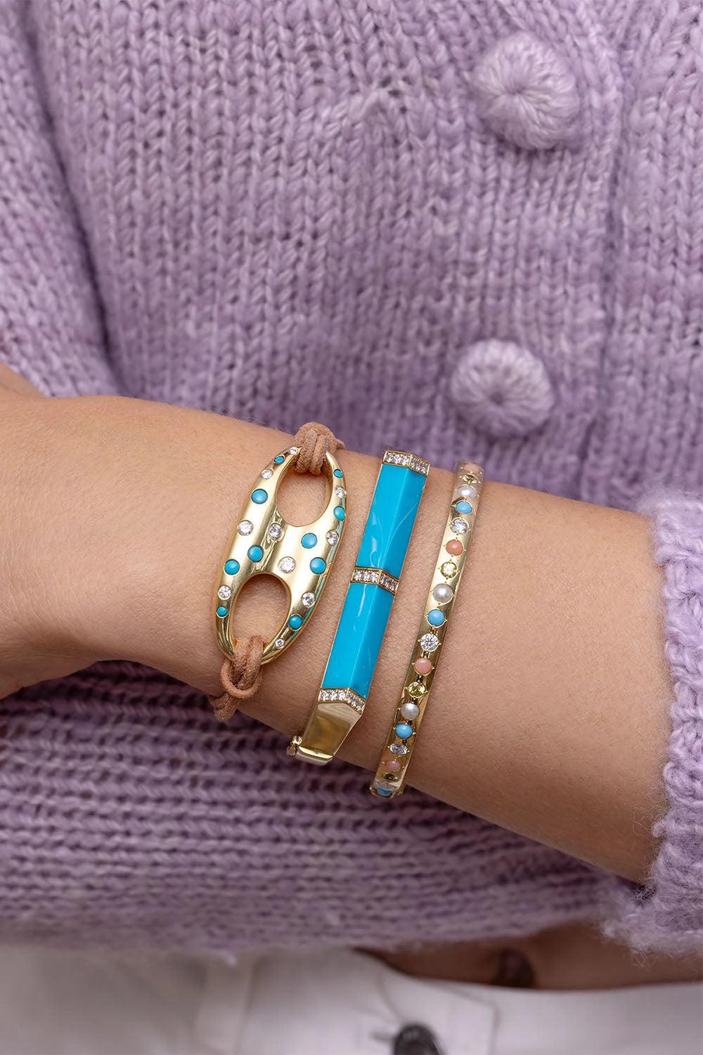Turquoise Diamond Pyramid Bangle Bracelet-YELLOW GOLD-JEWELRYFINE JEWELBRACELET O-JENNA BLAKE