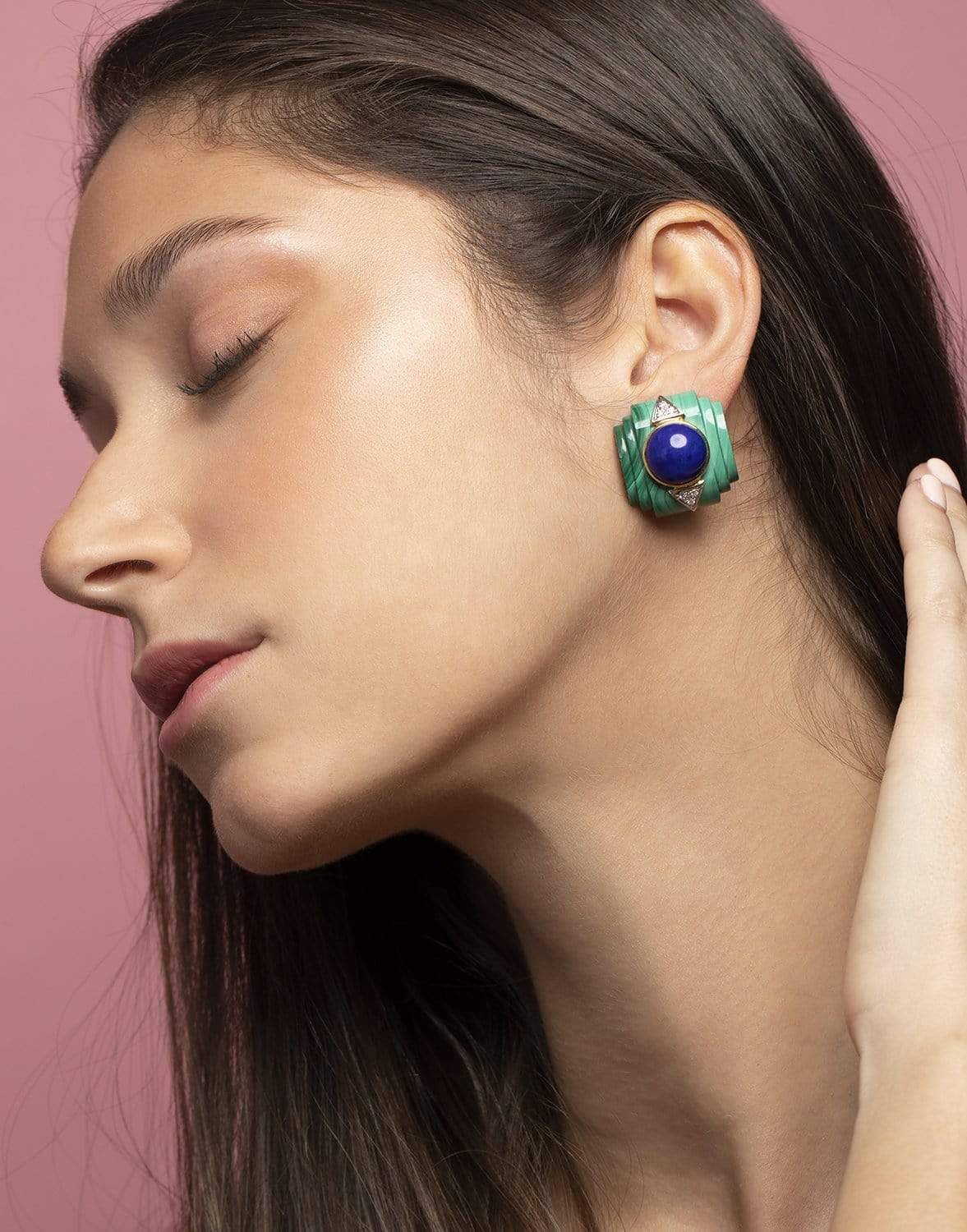 JENNA BLAKE-Vintage Lapis and Malachite Earrings-YELLOW GOLD