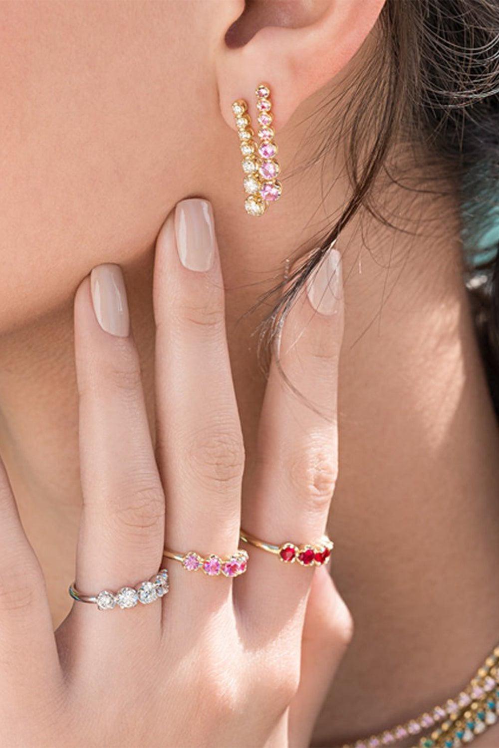 JENNIFER MEYER-Graduated Pink Sapphire Tennis Stud Earrings-YELLOW GOLD