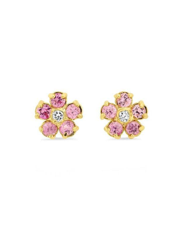 JENNIFER MEYER-Pink Sapphire Flower Studs with Diamond Center-YELLOW GOLD