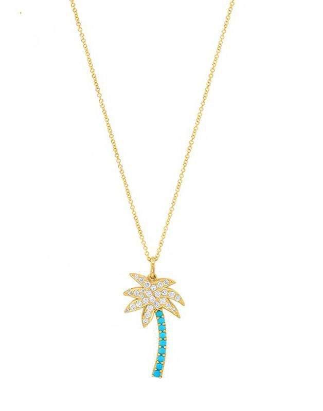 JENNIFER MEYER-Diamond and Turquoise Palm Tree Necklace-YELLOW GOLD
