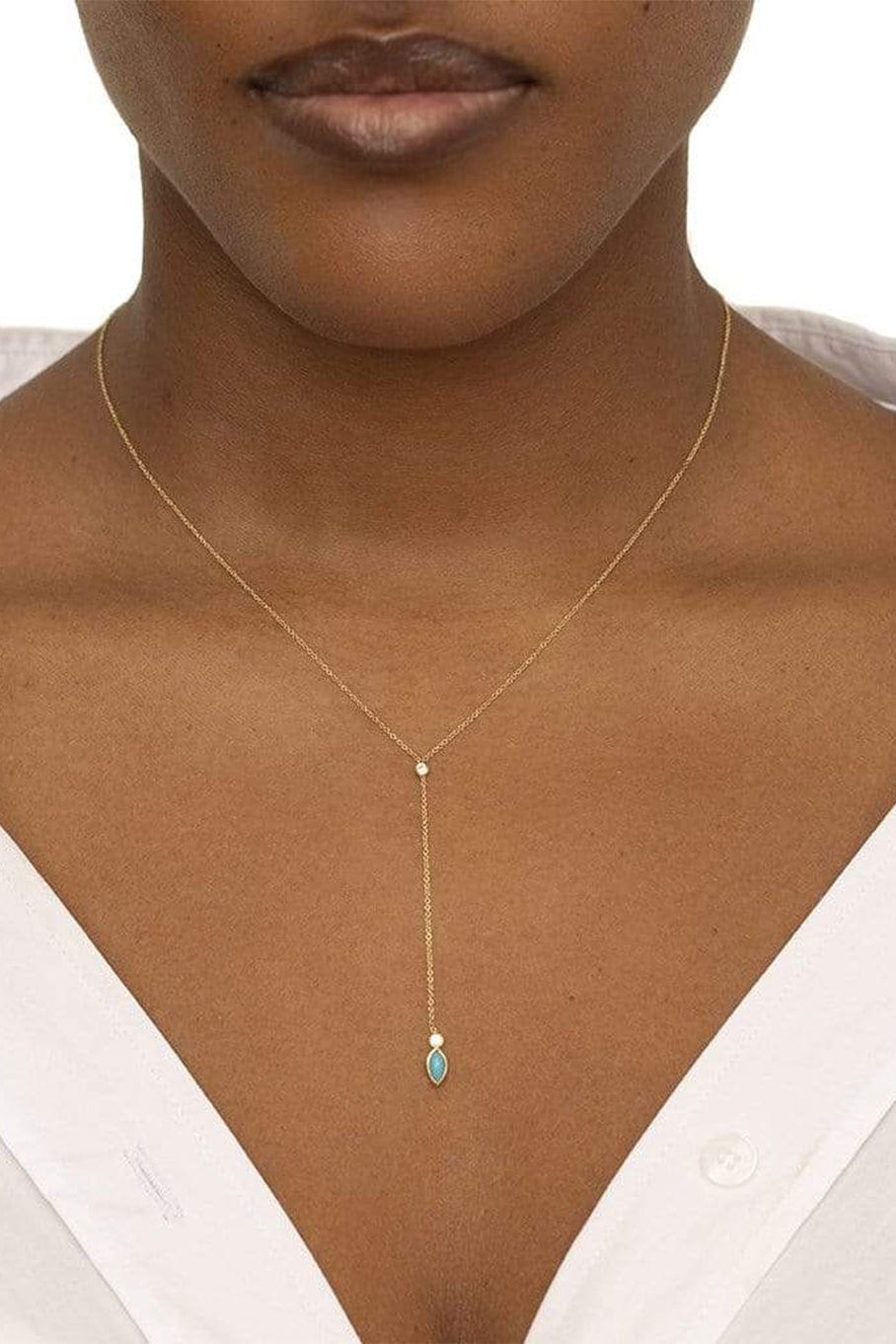 JENNIFER MEYER-Diamond Bezel with Turquoise Marquise Lariat Necklace-YELLOW GOLD