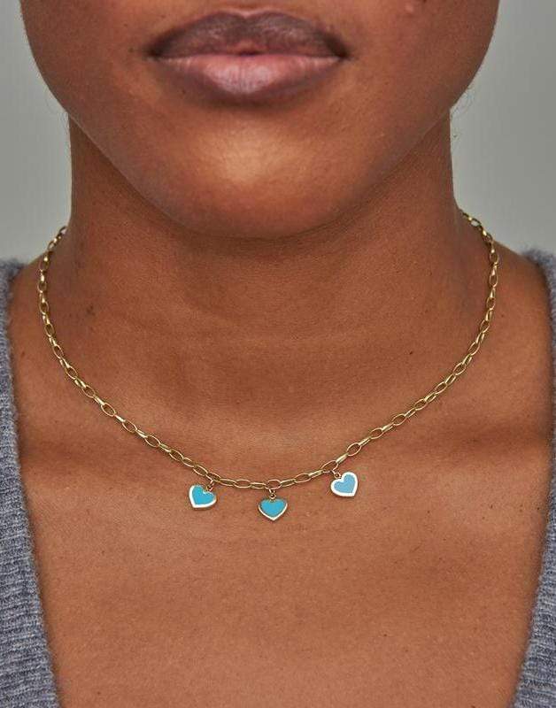 JENNIFER MEYER-Small Edith Link Necklace with 3 Turquoise Inlay Heart Drops-YELLOW GOLD