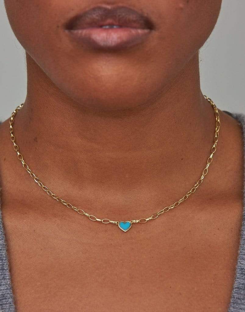 JENNIFER MEYER-Small Edith Link Necklace with Turquoise Inlay Heart-YELLOW GOLD