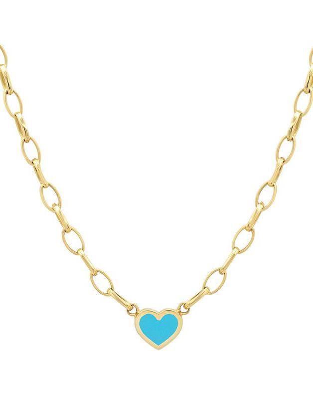 JENNIFER MEYER-Small Edith Link Necklace with Turquoise Inlay Heart-YELLOW GOLD