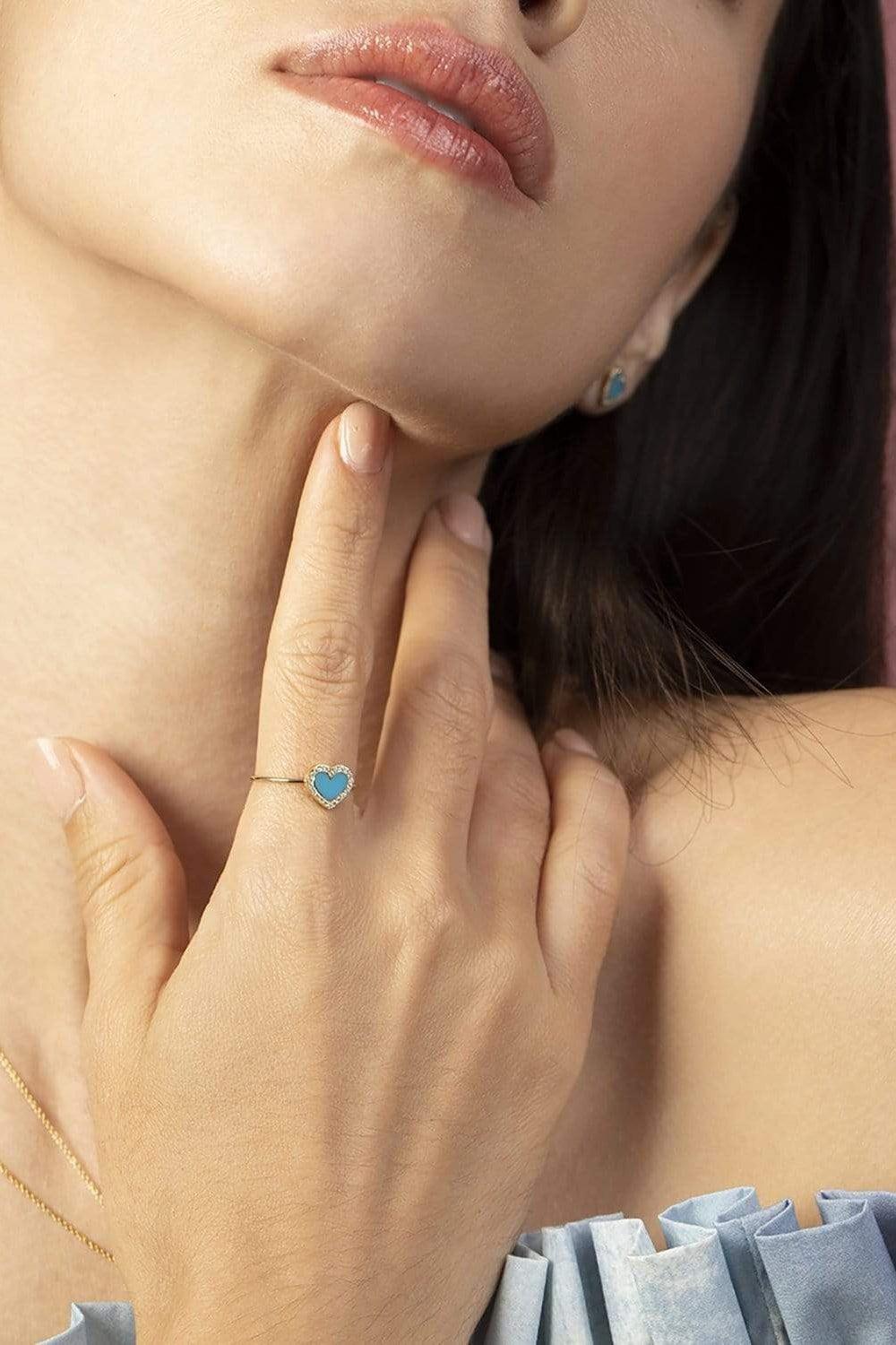 JENNIFER MEYER-Mini Turquoise Inlay Heart Ring with Diamonds-YELLOW GOLD