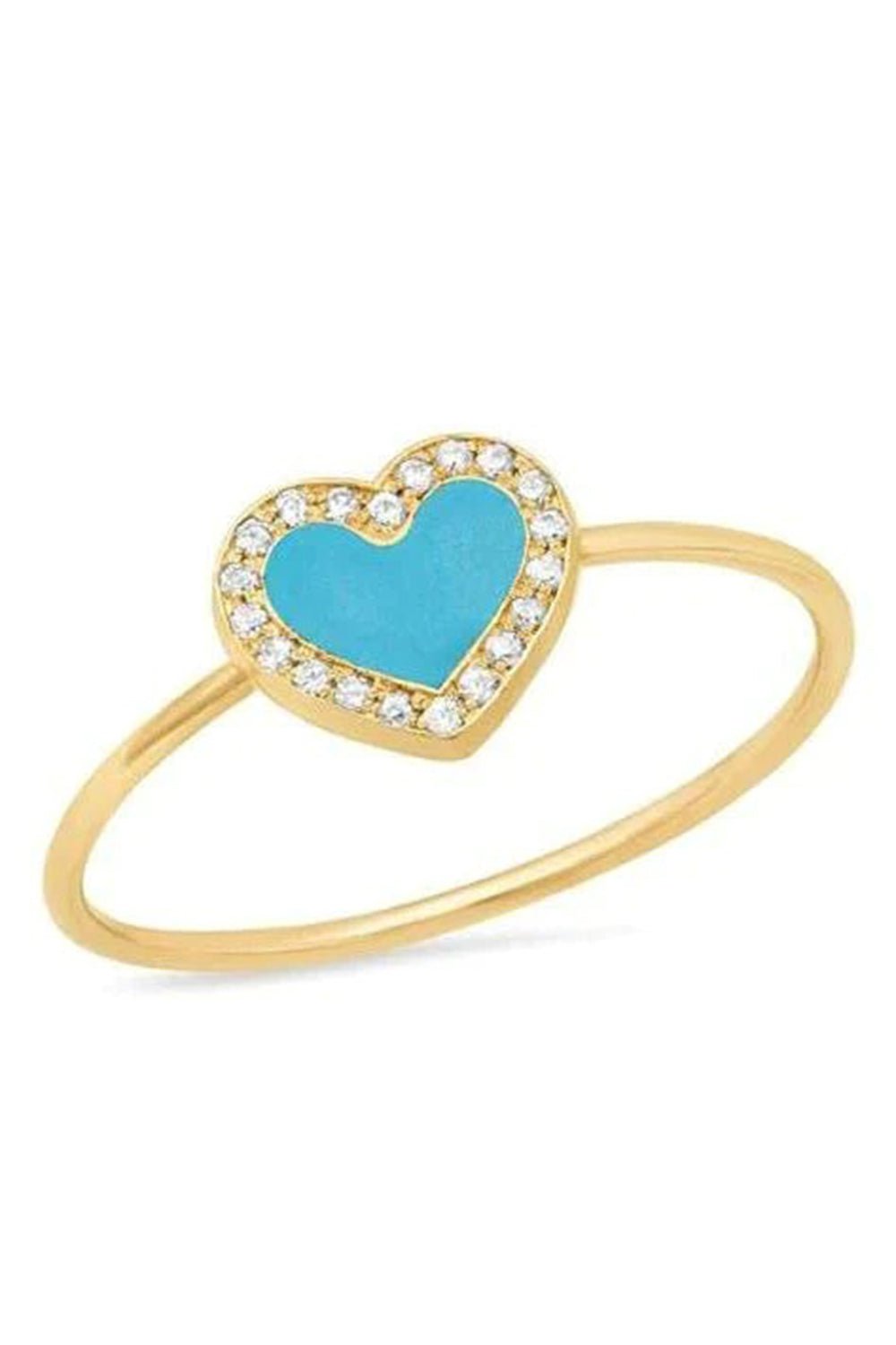 JENNIFER MEYER-Mini Turquoise Inlay Heart Ring with Diamonds-YELLOW GOLD