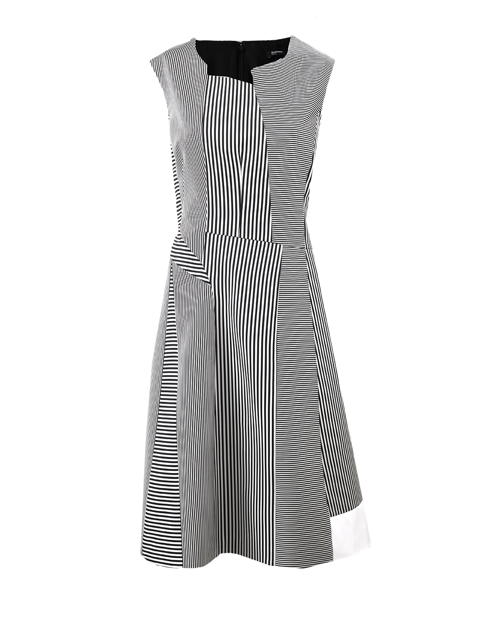 JIL SANDER NAVY-Asymmetric Neckline Stripe Dress-