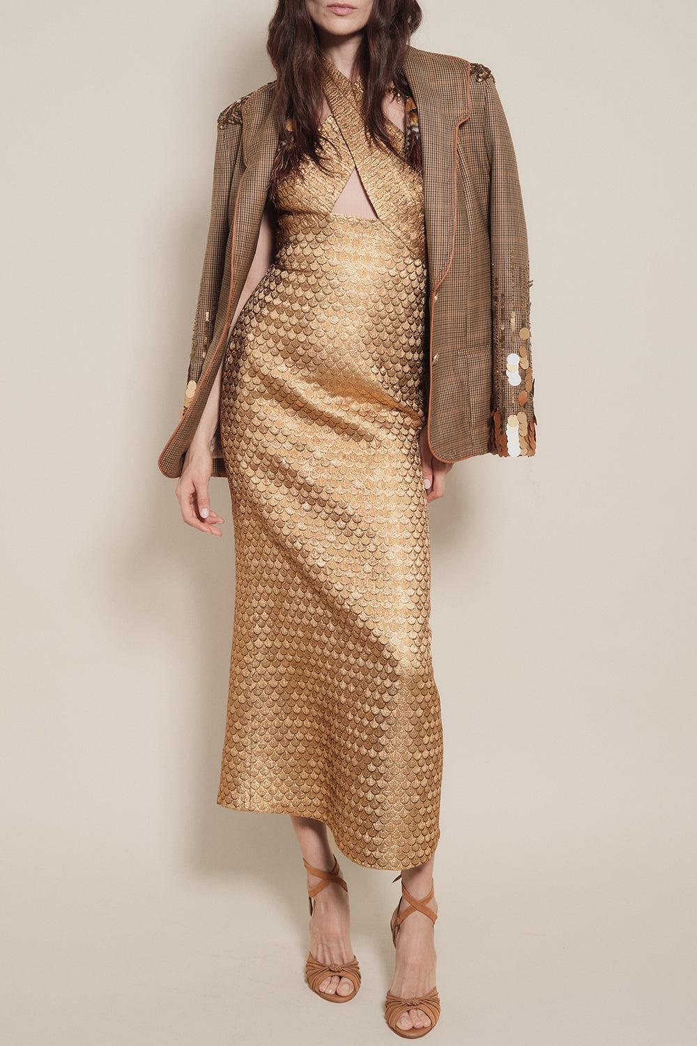 Elegant Expedition Midi Dress-GOLD-2-CLOTHINGDRESSGOWN-JOHANNA ORTIZ