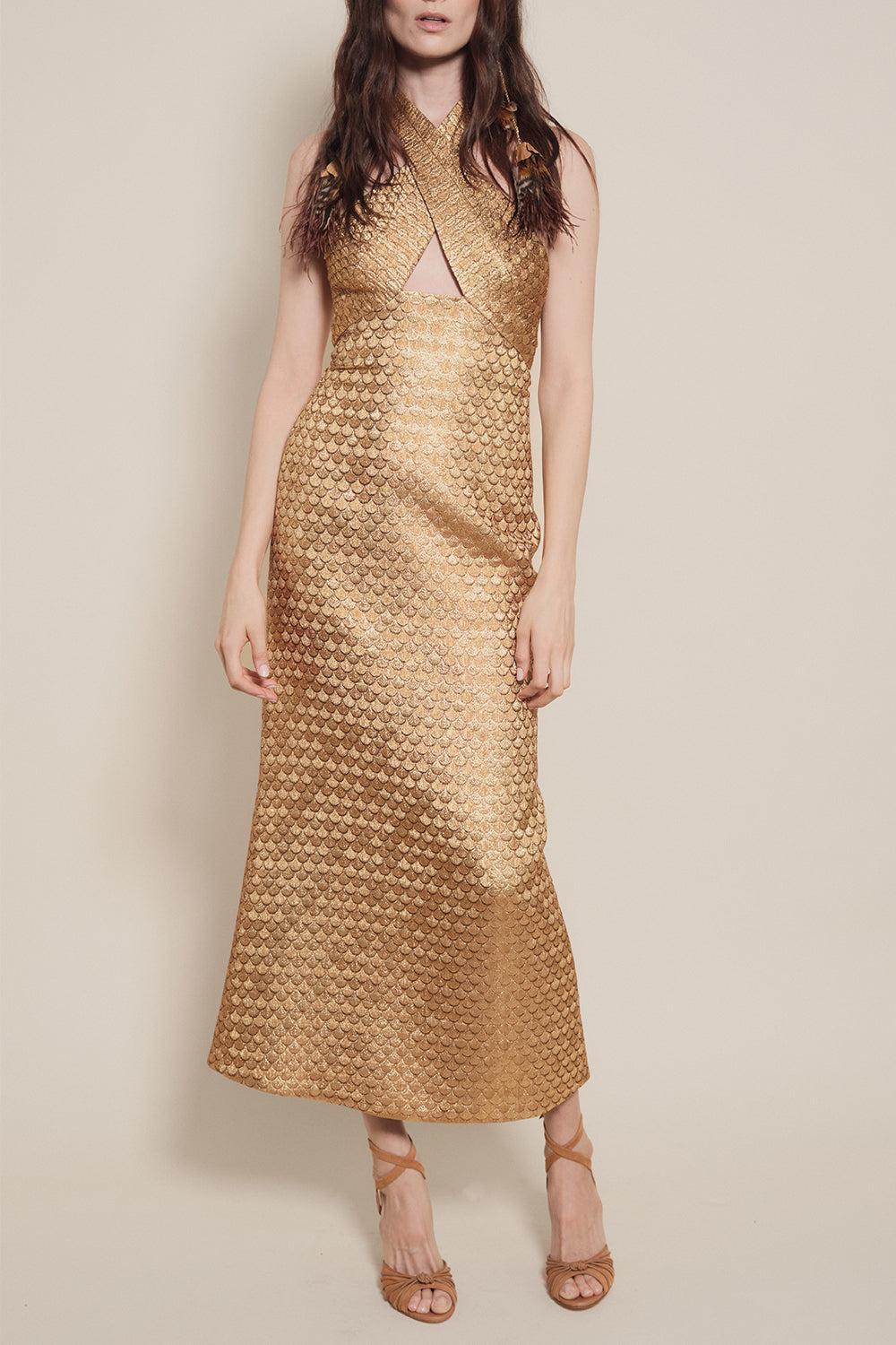 Elegant Expedition Midi Dress-GOLD-2-CLOTHINGDRESSGOWN-JOHANNA ORTIZ