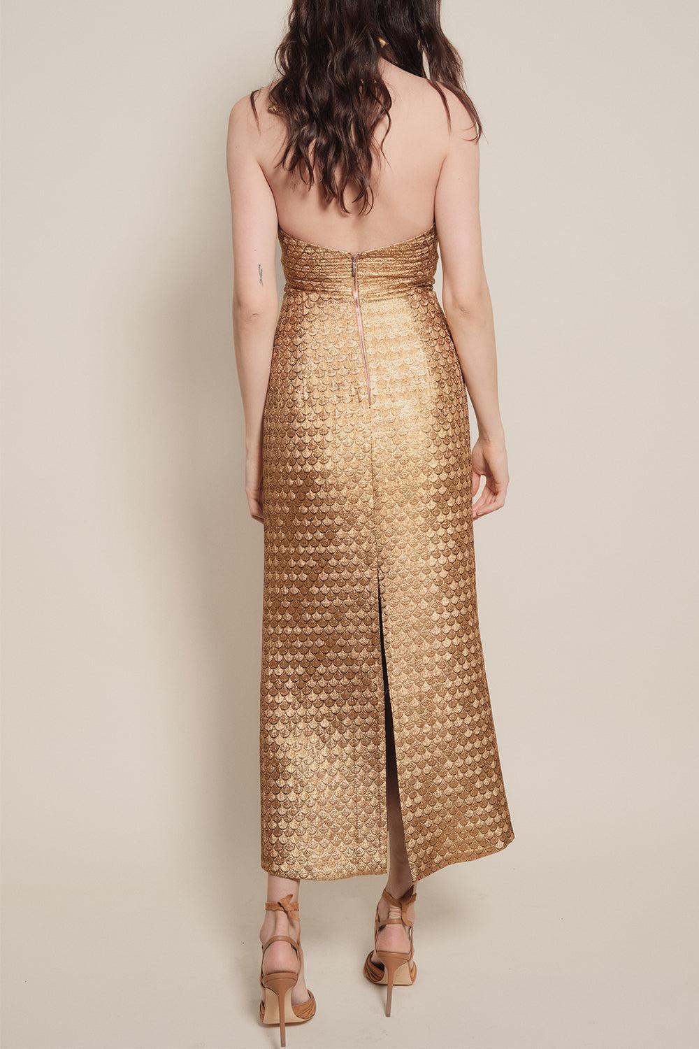 Elegant Expedition Midi Dress-GOLD-2-CLOTHINGDRESSGOWN-JOHANNA ORTIZ