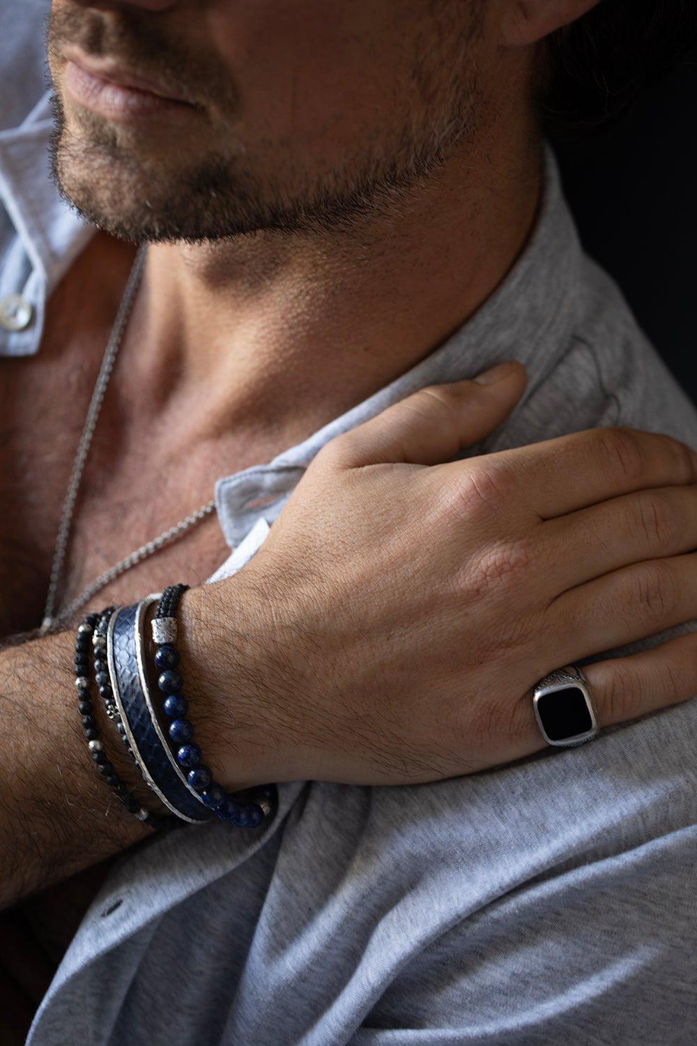 JOHN VARVATOS-Adjustable Lapis and Black Diamond Bead Bracelet-SILVER