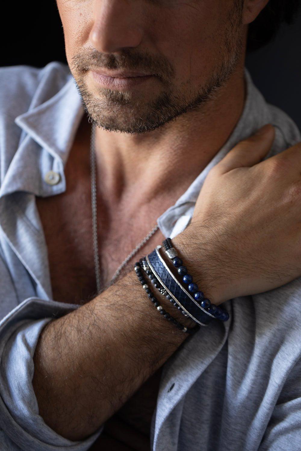 JOHN VARVATOS-Adjustable Lapis and Black Diamond Bead Bracelet-SILVER