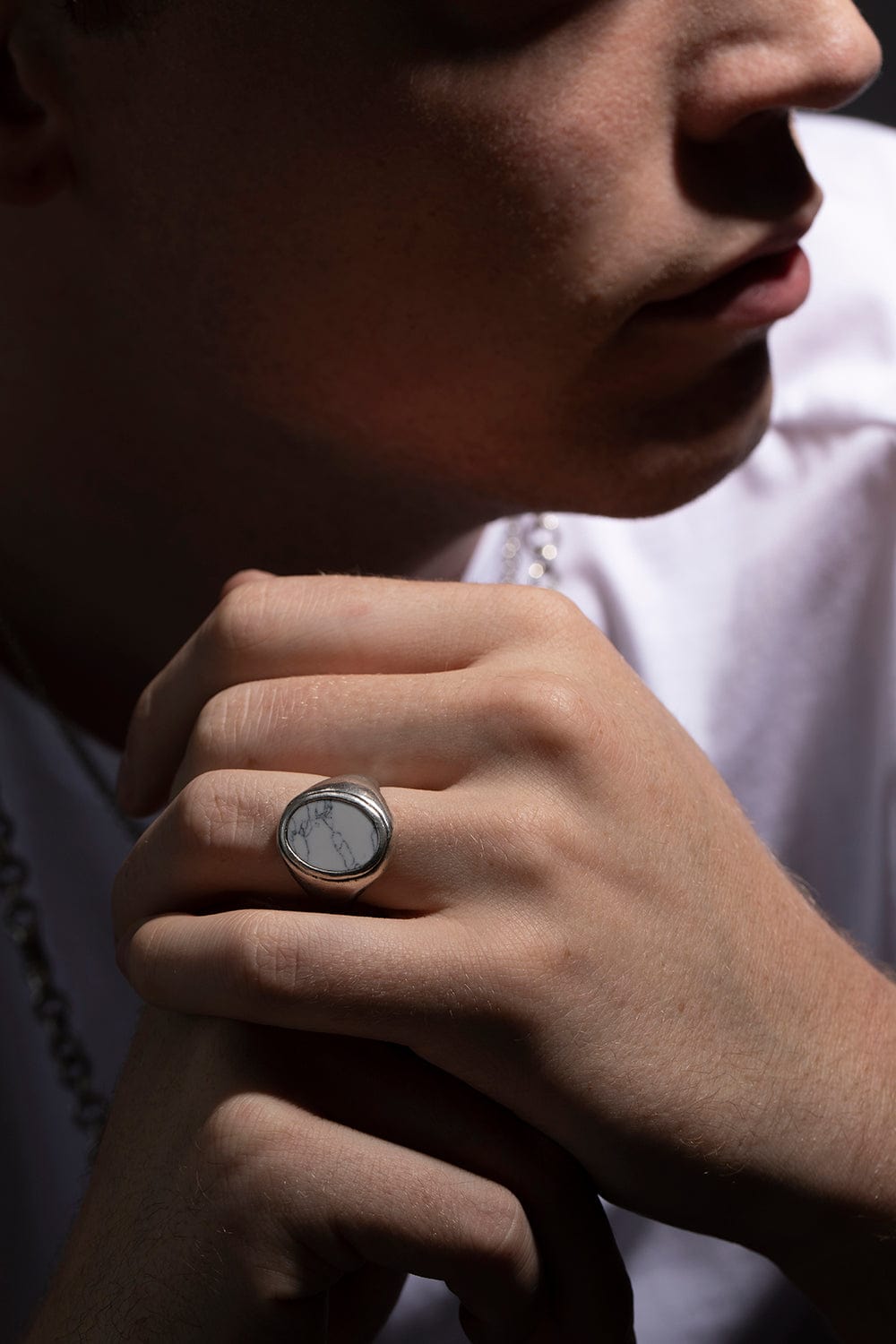 JOHN VARVATOS-Oval Howlite Ring-SILVER