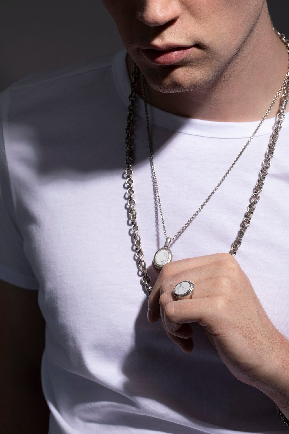 JOHN VARVATOS-Oval Howlite Ring-SILVER