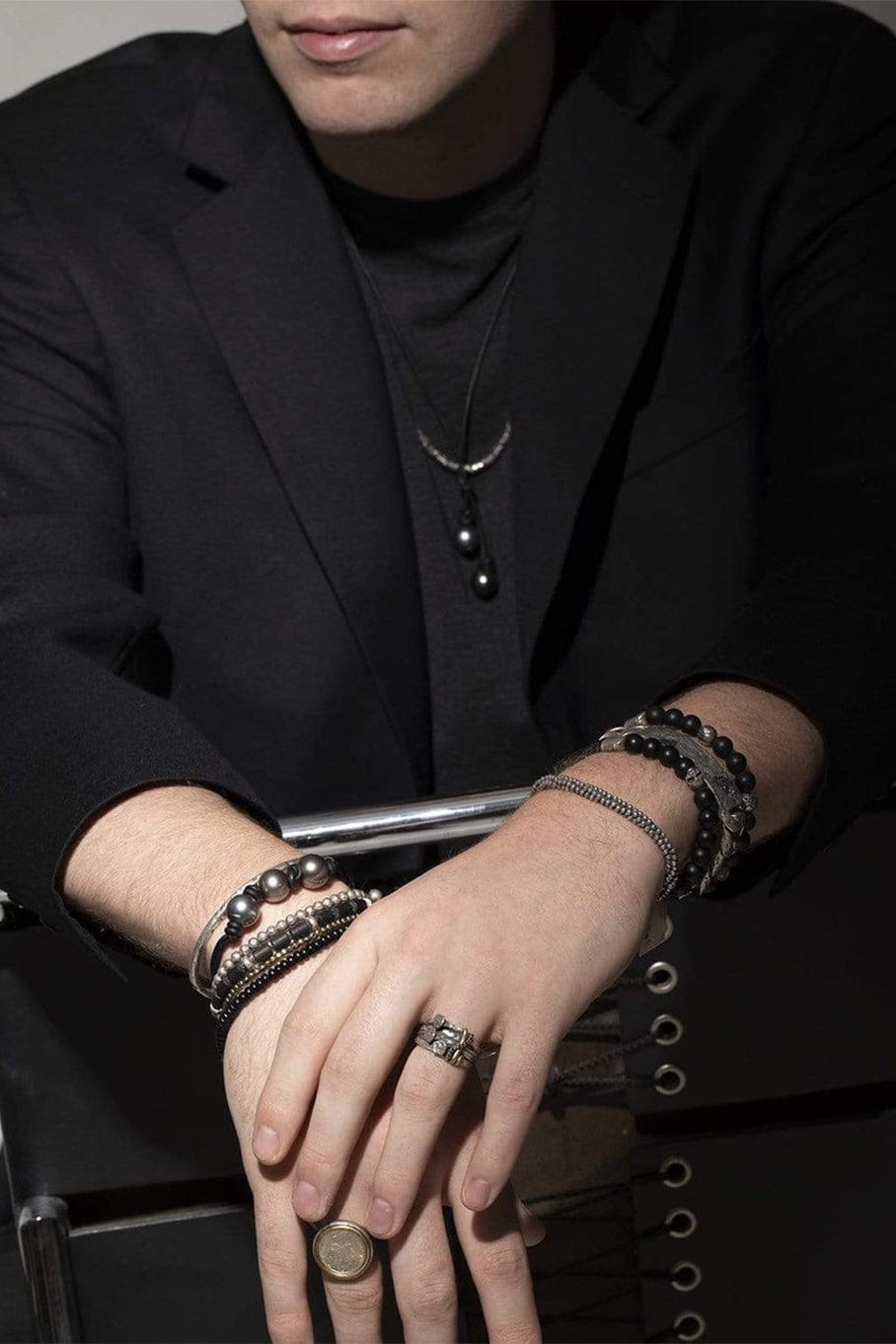 JOHN VARVATOS-Black Obsidian Bead Bracelet-SILVER
