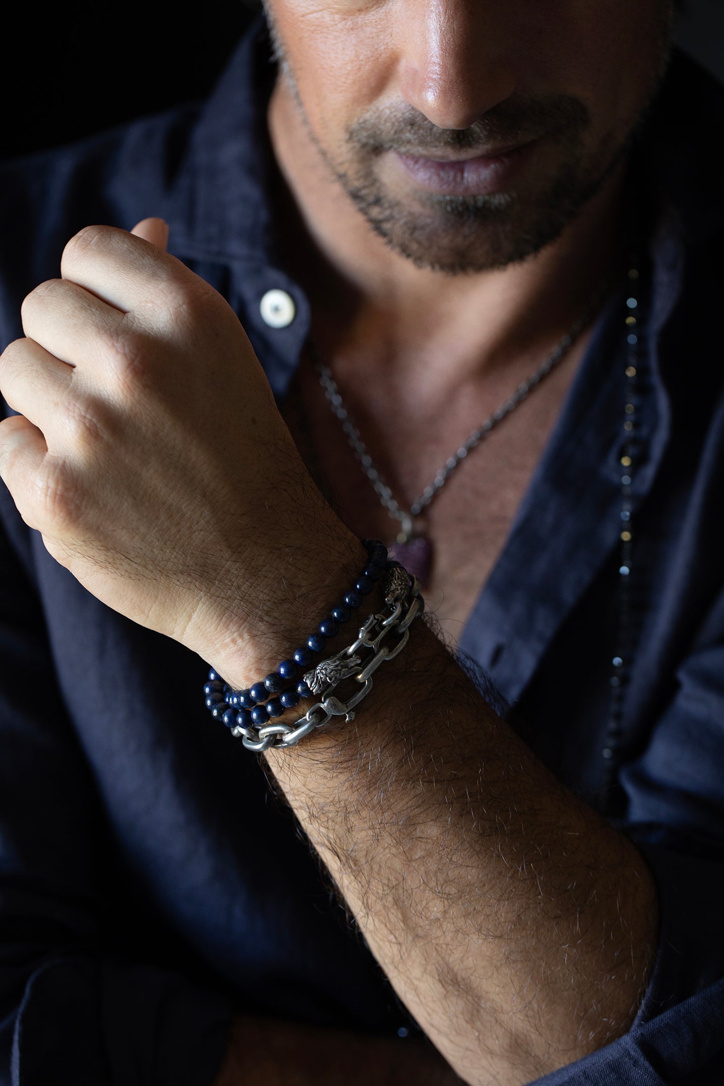 JOHN VARVATOS-Lapis Bead Wolf Clasp Necklace-SILVER