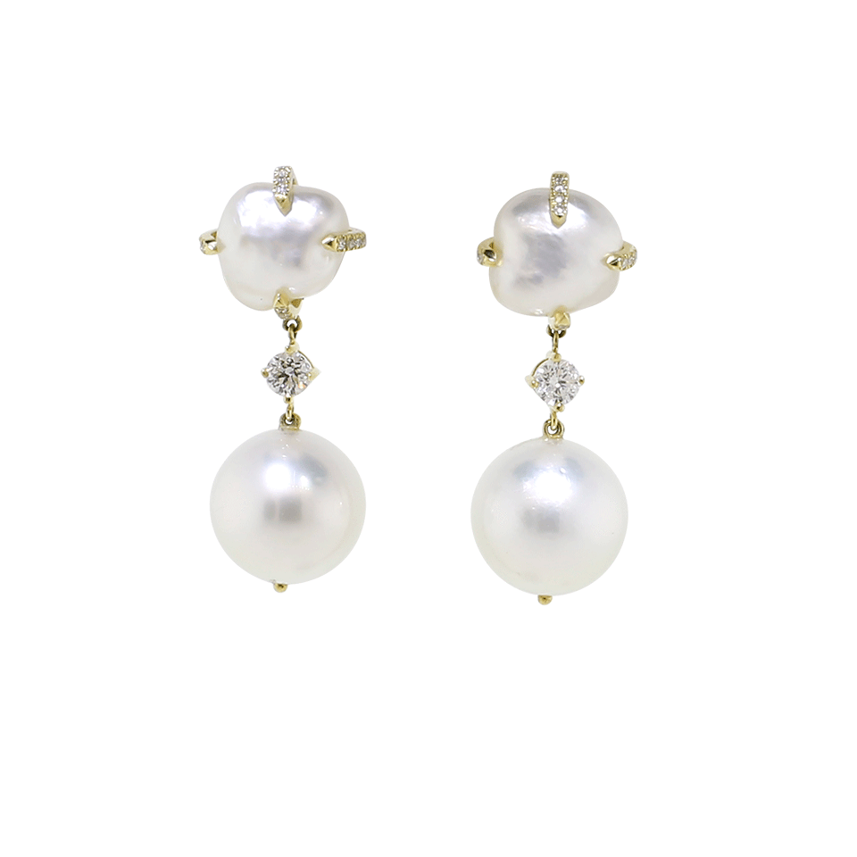 JORDAN ALEXANDER-White Freshwater Keshi Pearl Studs With Pearl Drops-YELLOW GOLD