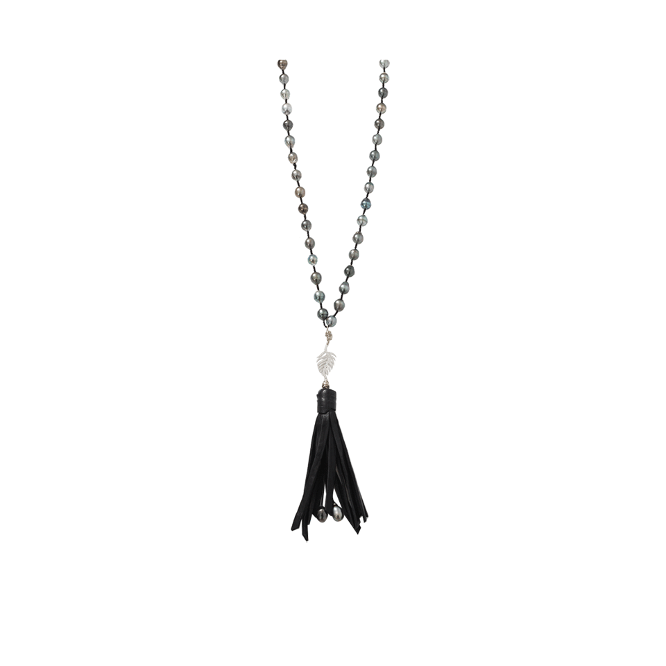 JORDAN ALEXANDER-Tahitian Pearl Tassel And Diamond Leaf Necklace-WHITE GOLD