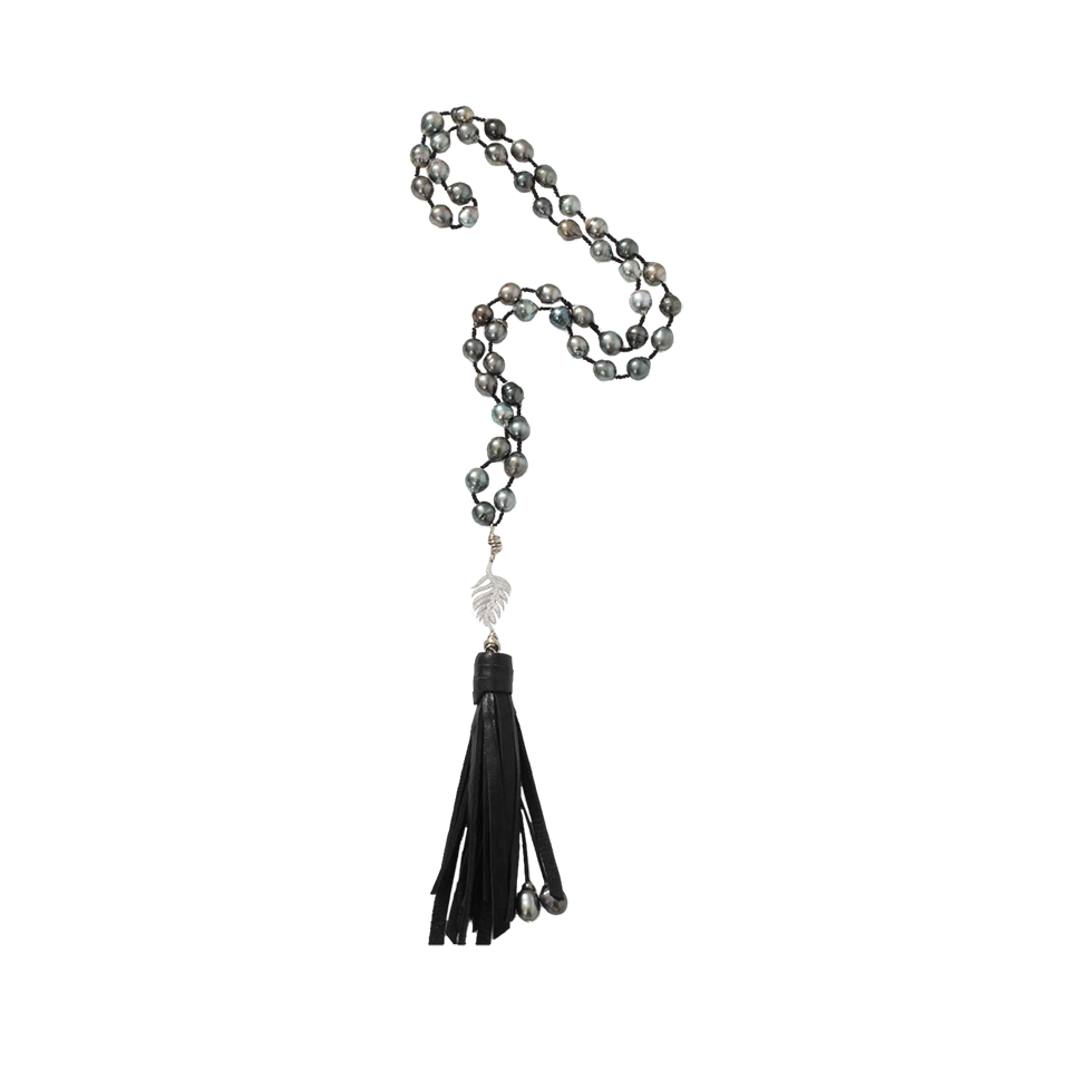 JORDAN ALEXANDER-Tahitian Pearl Tassel And Diamond Leaf Necklace-WHITE GOLD
