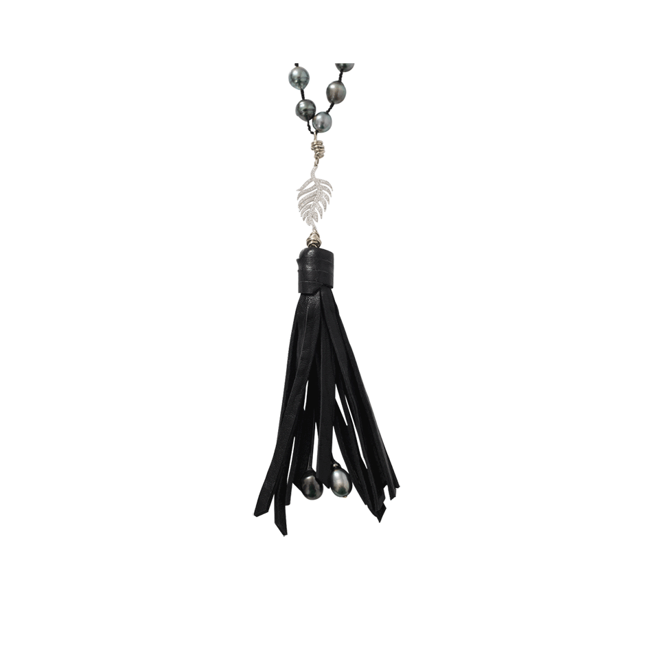 JORDAN ALEXANDER-Tahitian Pearl Tassel And Diamond Leaf Necklace-WHITE GOLD