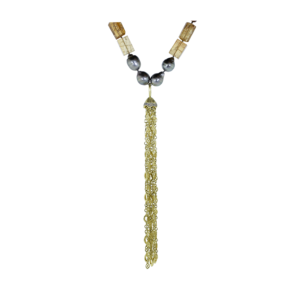 JORDAN ALEXANDER-Ruby And Pearl Tassel Necklace-YELLOW GOLD