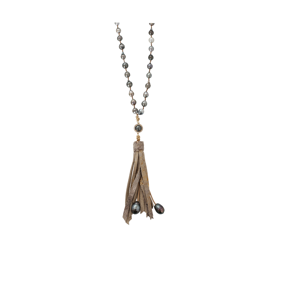 JORDAN ALEXANDER-Tahitian Pearl And Snakeskin Tassel Necklace-YELLOW GOLD