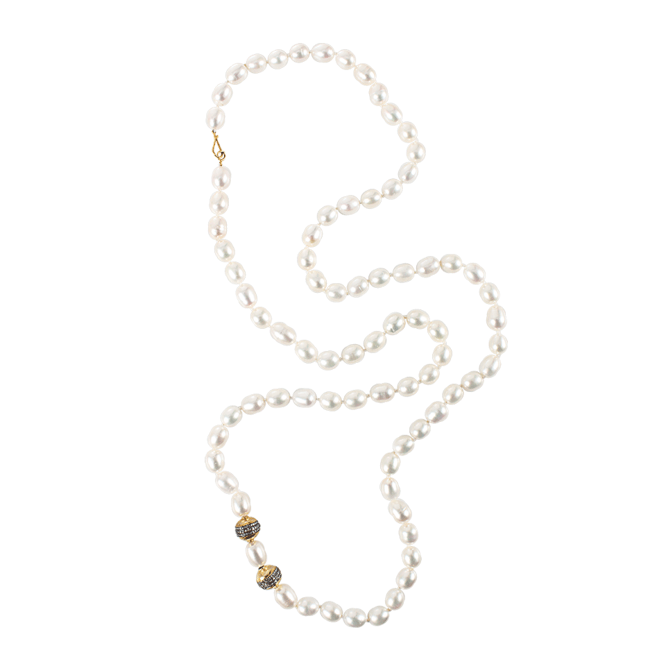 JORDAN ALEXANDER-White Pearl Necklace With Diamond Pave Gold Beads-YELLOW GOLD