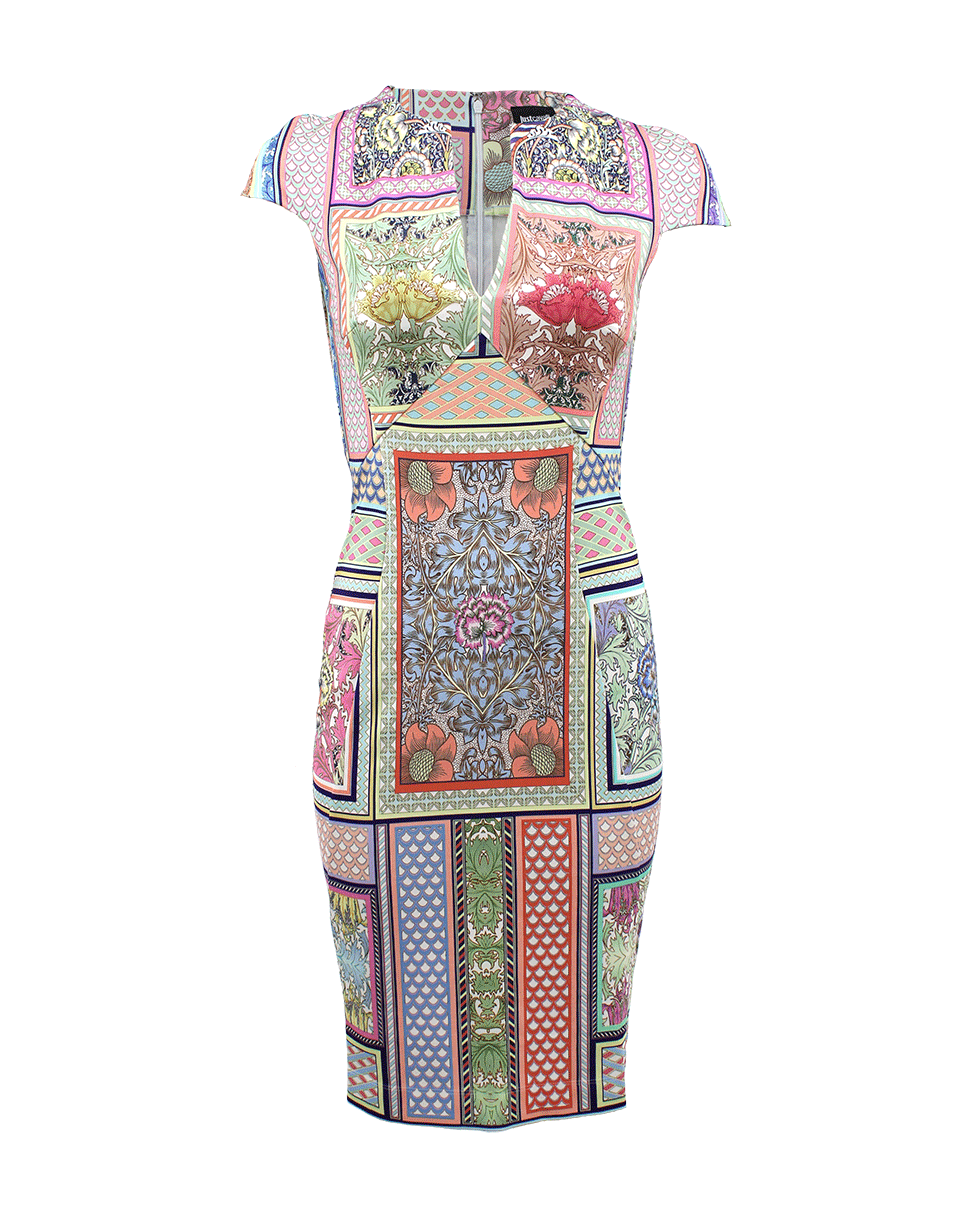 JUST CAVALLI-Short Sleeve Split Neck Printed Dress-