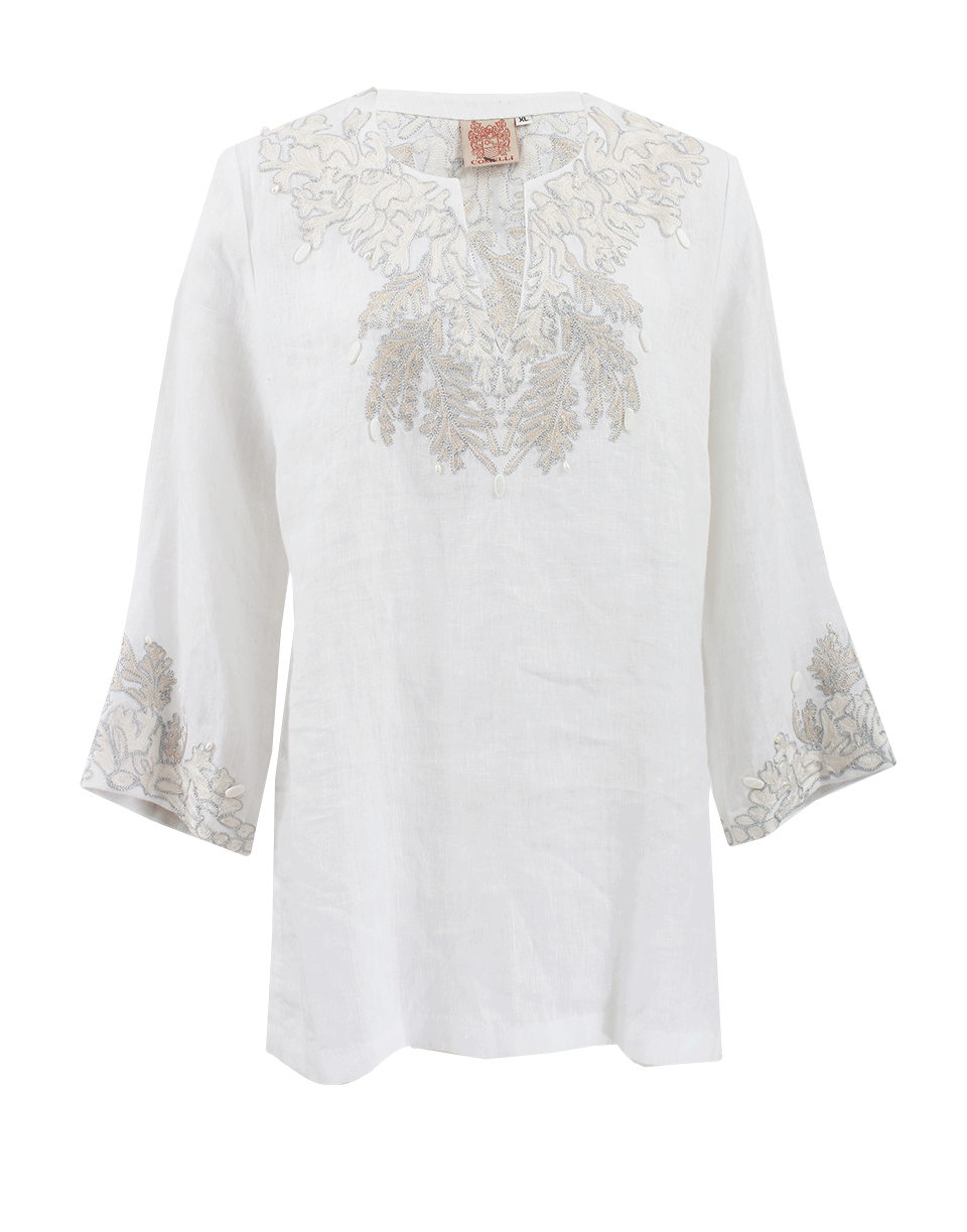 KATHY COMELLI-Embroidered Linen Tunic With Pearls-